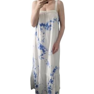 Velvet Gauze Midi Tie Dye Relaxed Dress XS White & Blue Beach Resort Coastal